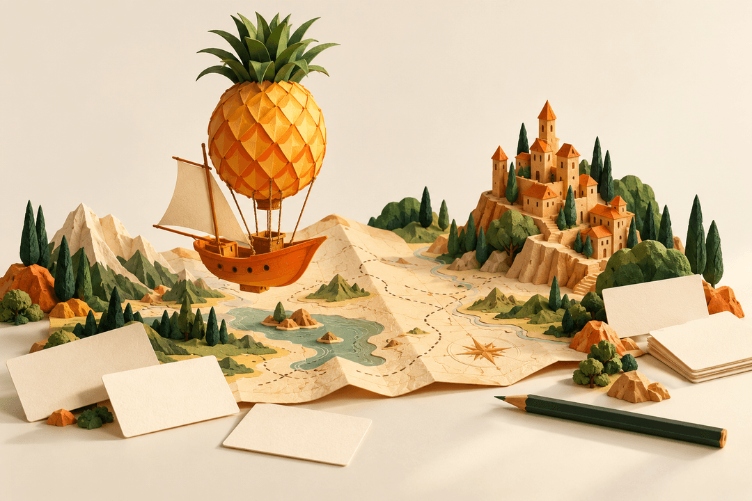 An imagined courier boat beneath a pineapple balloon above a paper world.